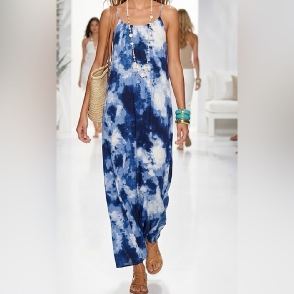 H&M Divided Blue White Tie Dye Maxi Dress Sleeveless T-Back Boho Summer Size 6